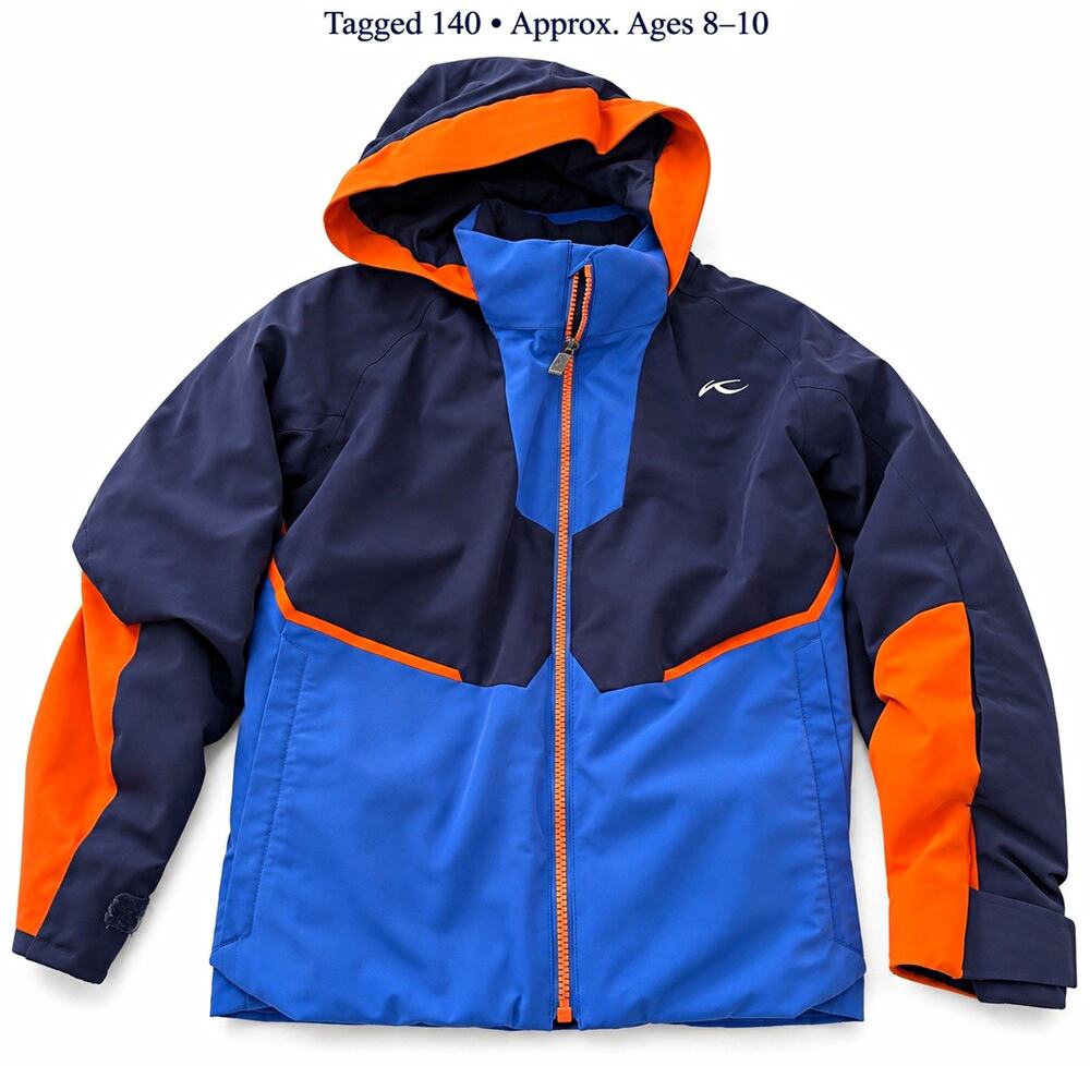 KJUS Hooded Insulated Ski Jacket Youth 140 size:10 Colorblock Blue/Navy/Orange